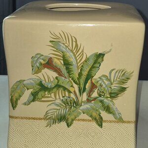 Tommy Bahama Tissue Box Cover Tropical Plant Ivory Green Gold Bathroom Decor NEW